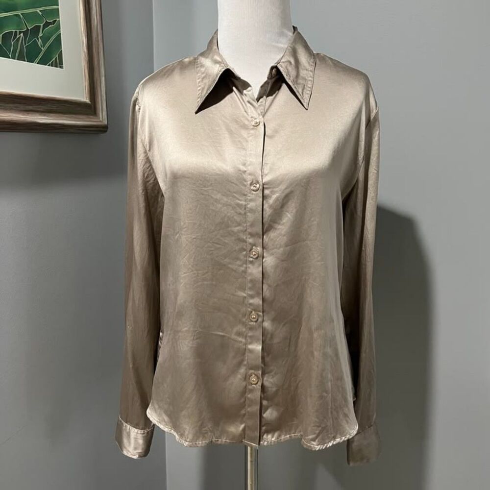 Paul Harris Design Champagne Silk Long Sleeve Pointed Collar Blouse Shirt-Medium